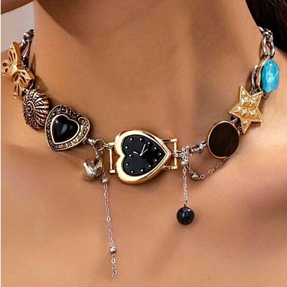 Black Heart Watch Charm Necklace Gold Silver Chunky Y2K Choker